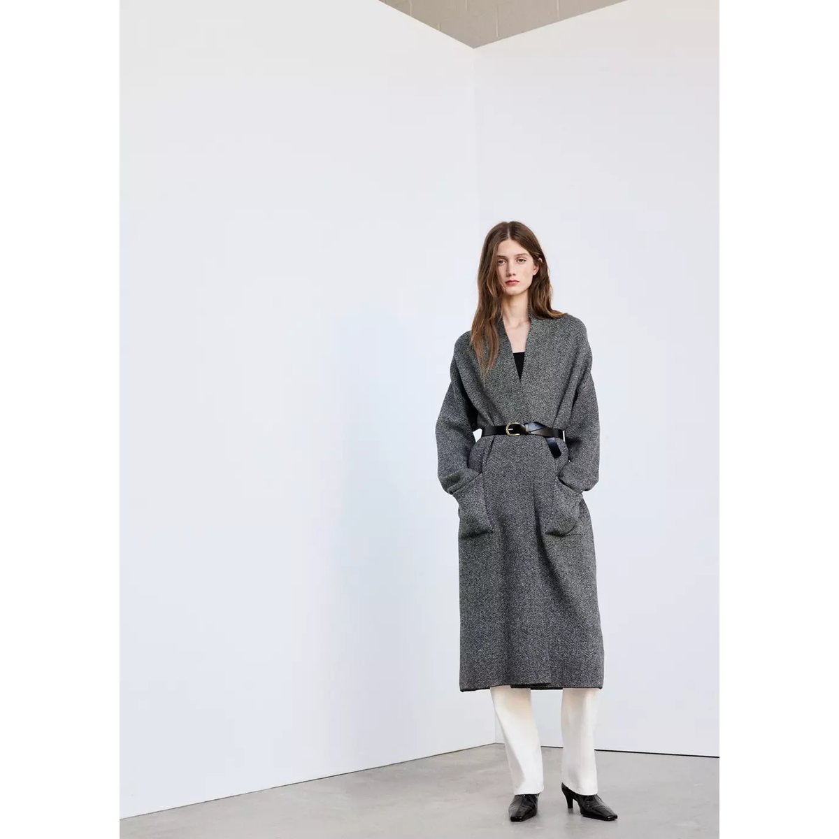 Manteau maille ceinture noir, MANGO