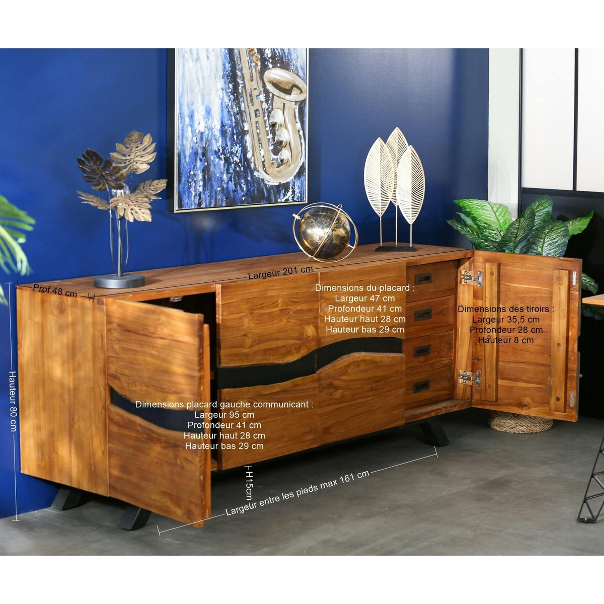 Buffet moderne bois recyclé teck laque noire 200 cm BARBADE bois naturel, PIER IMPORT