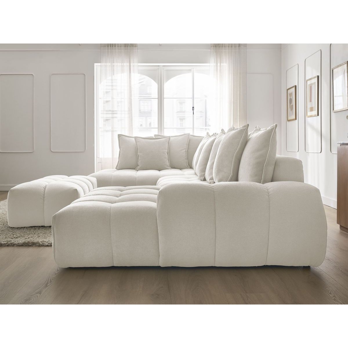 Canapé panoramique convertible 7 places en tissu texturé avec pouf, EVEREST blanc, BOBOCHIC