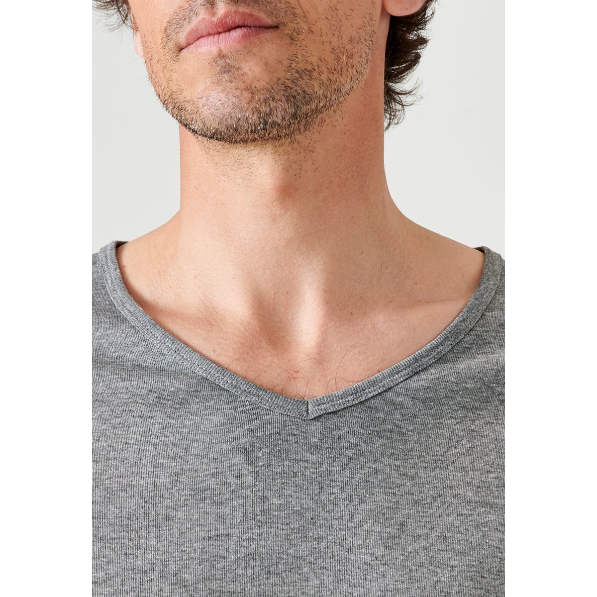 Lot de 2 t-shirts col V, pur coton peigné gris chiné, DAMART