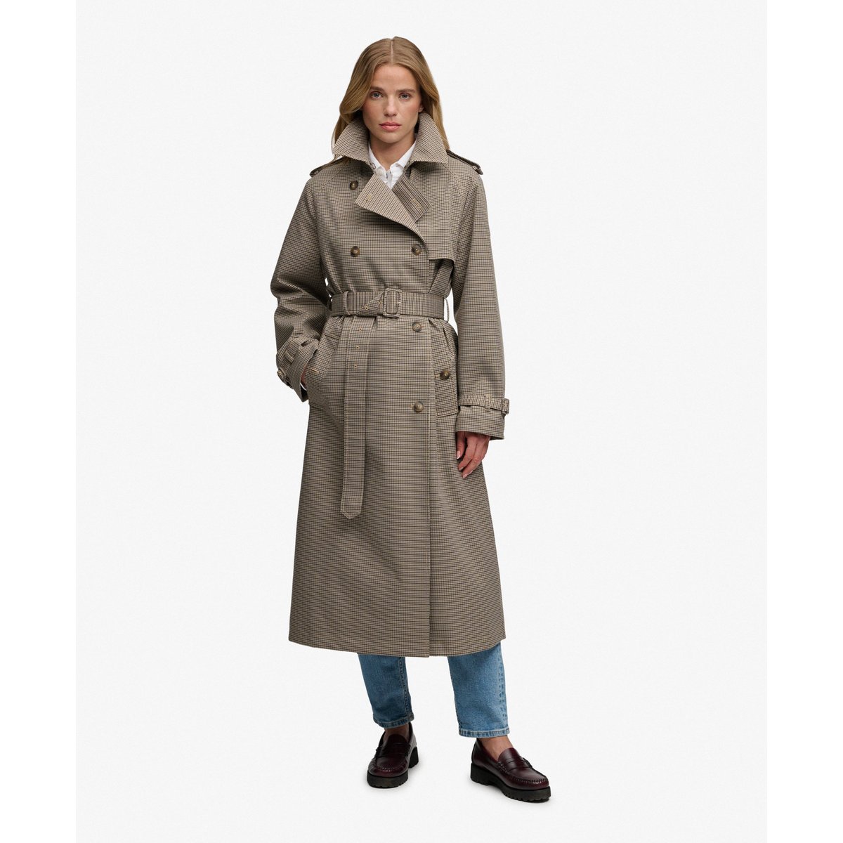 Trench-coat à micro-carreaux pied-de-poule brun micro, SUPERDRY