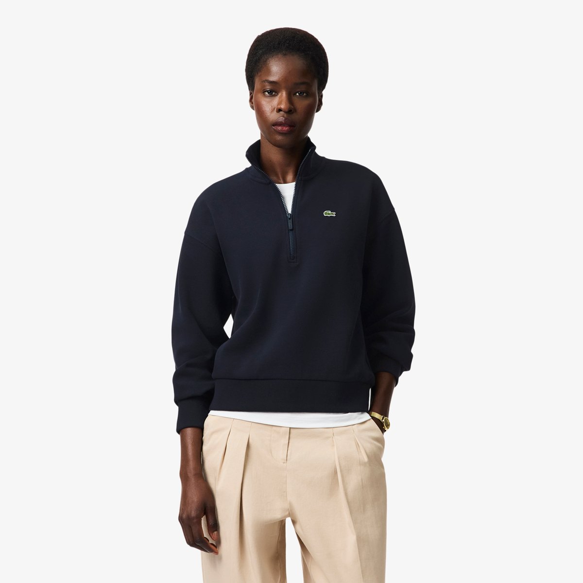 Sweatshirt col montant zippé en Piqué bleu-hde, LACOSTE