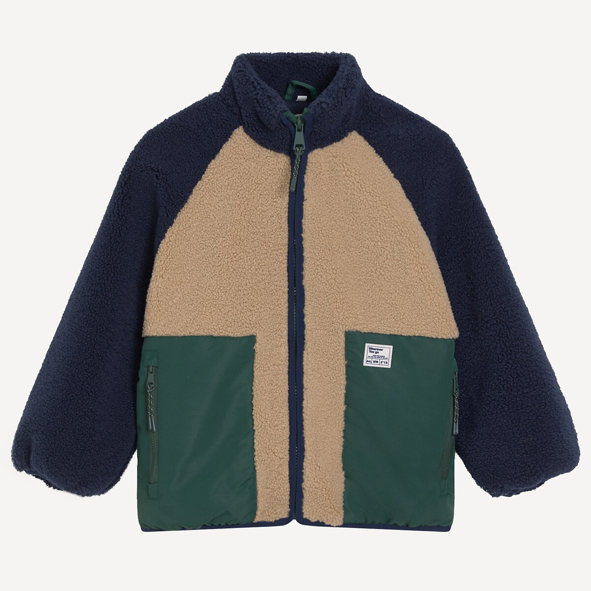 Gilet col montant, zippé, en sherpa, color block beige/vert, LA REDOUTE COLLECTIONS