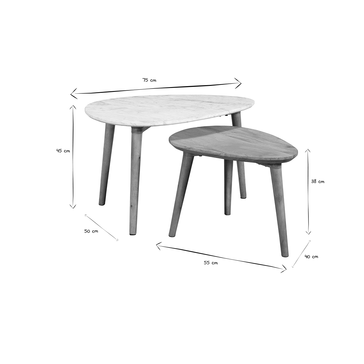 Tables basses gigognes marbre blanc et bois manguier massif (lot de 2) EVY naturel, MILIBOO