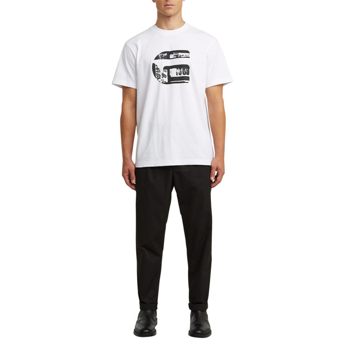 T-shirt en coton biologique bleu marine imprimé avec une coupe droite blanc, G-Star RAW