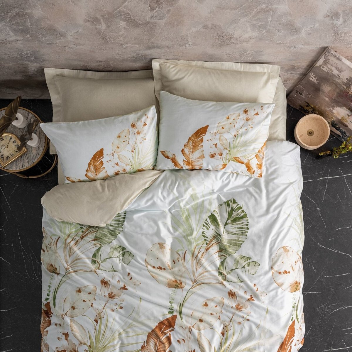 Parure housse de couette satin de coton feuillages, Luster multicolore, C DESIGN HOME TEXTILE