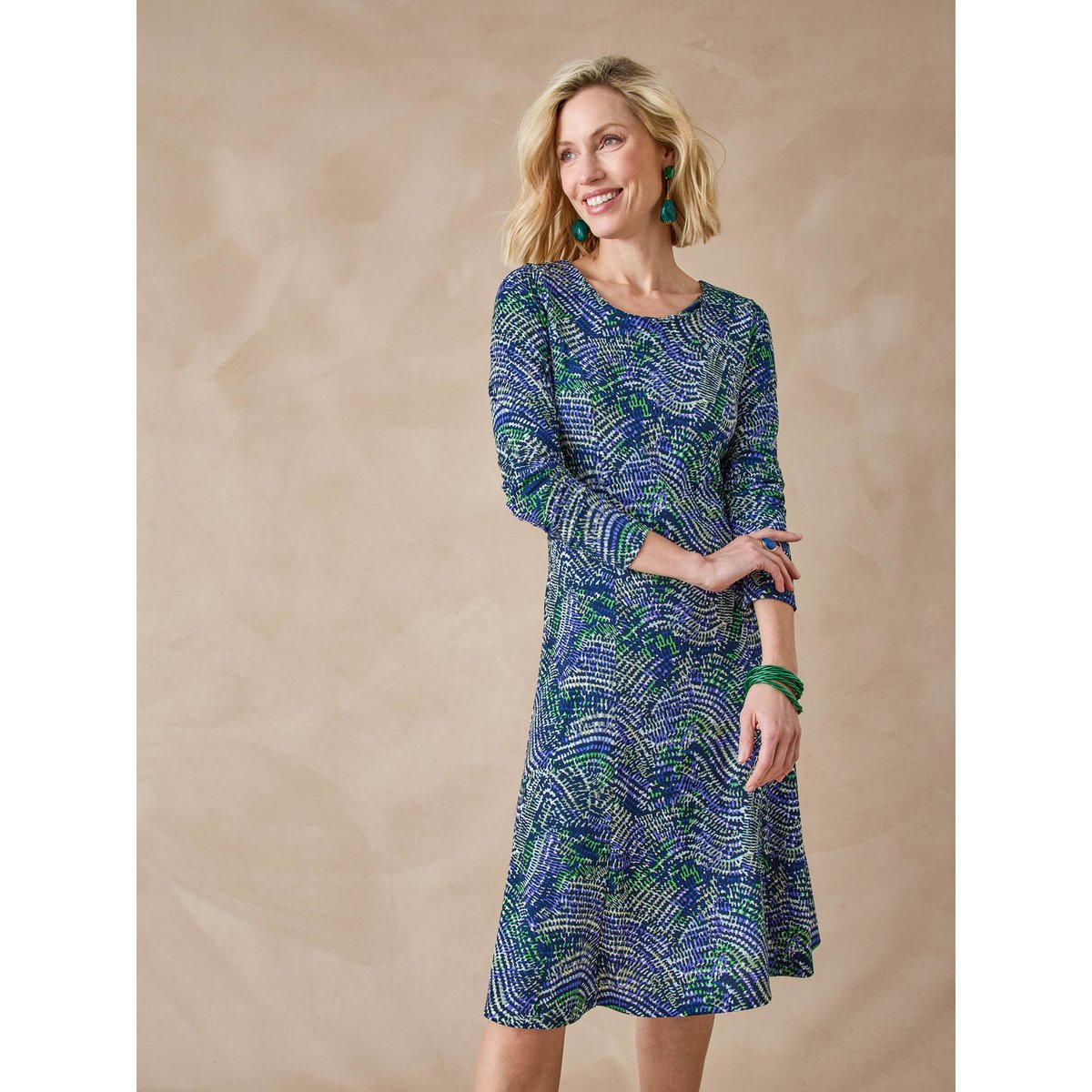 Robe fluide manches longues imprimé bleu, DAXON