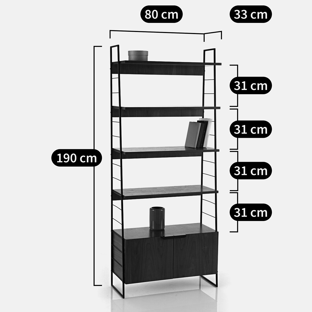 Bibliothèque vintage, en plaqué noyer et métal acier, hauteur 190 cm, WATFORD noir/teinté noyer, LA REDOUTE INTERIEURS