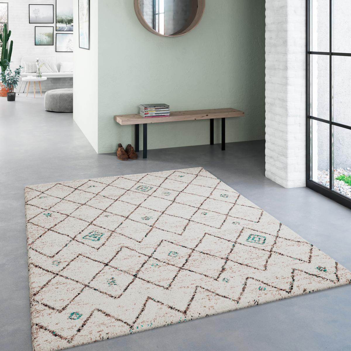 Tapis shaggy tissé motif berbère AMORE 2 écru, bleu, UN AMOUR DE TAPIS