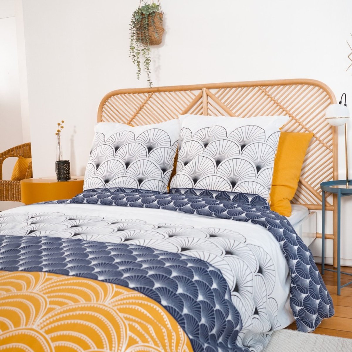 Housse de couette réversible 200x200 KERITA + 2 taies 100% coton adouci 57 fils/2 bleu, DECORATIE
