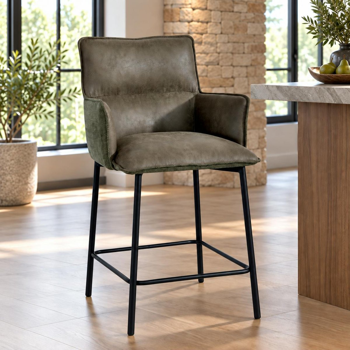 Tabouret de bar avec dossier bi-matière (lot de 2) KERALA vert, PIER IMPORT