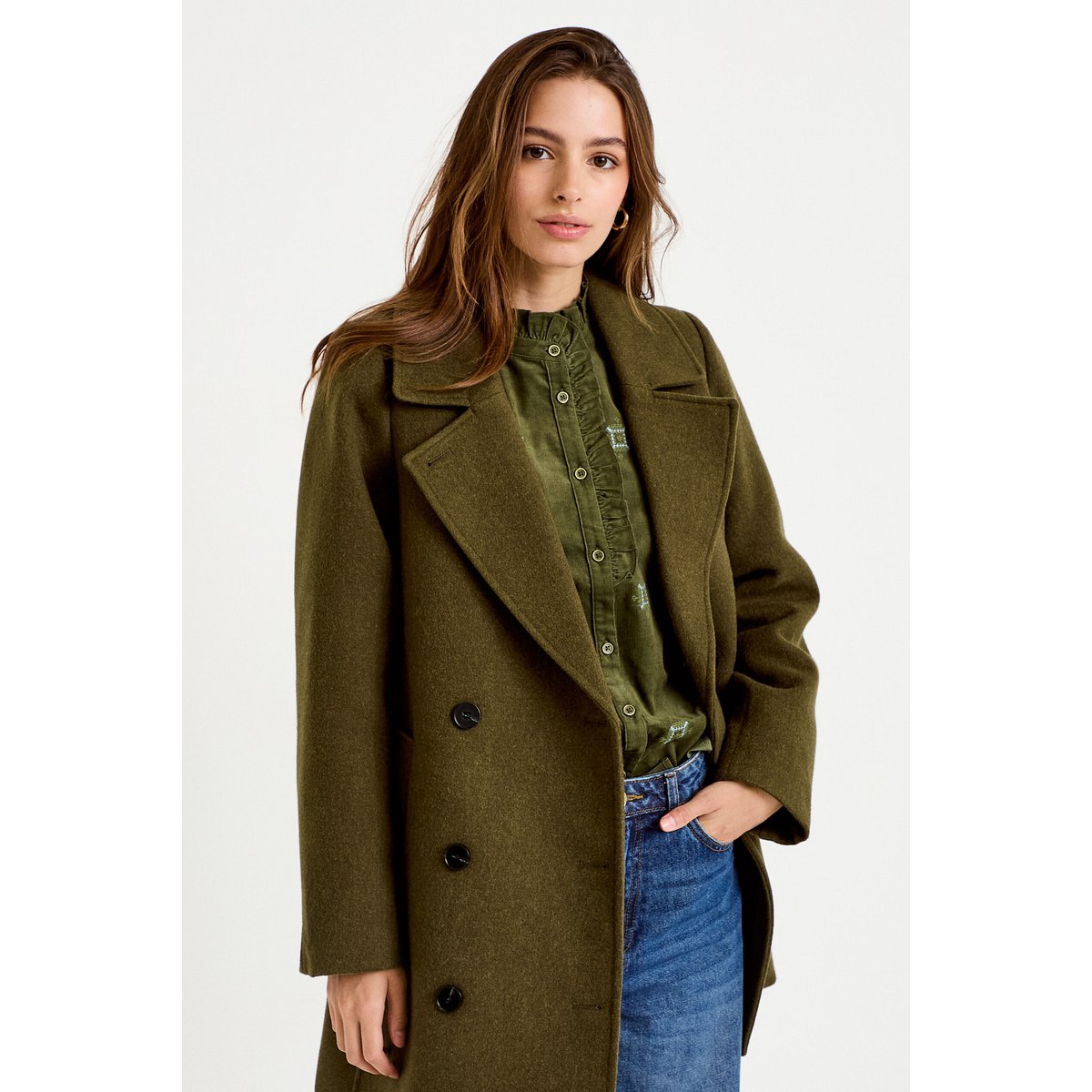 Manteau droit mi-long col tailleur vert kaki, CACHE CACHE