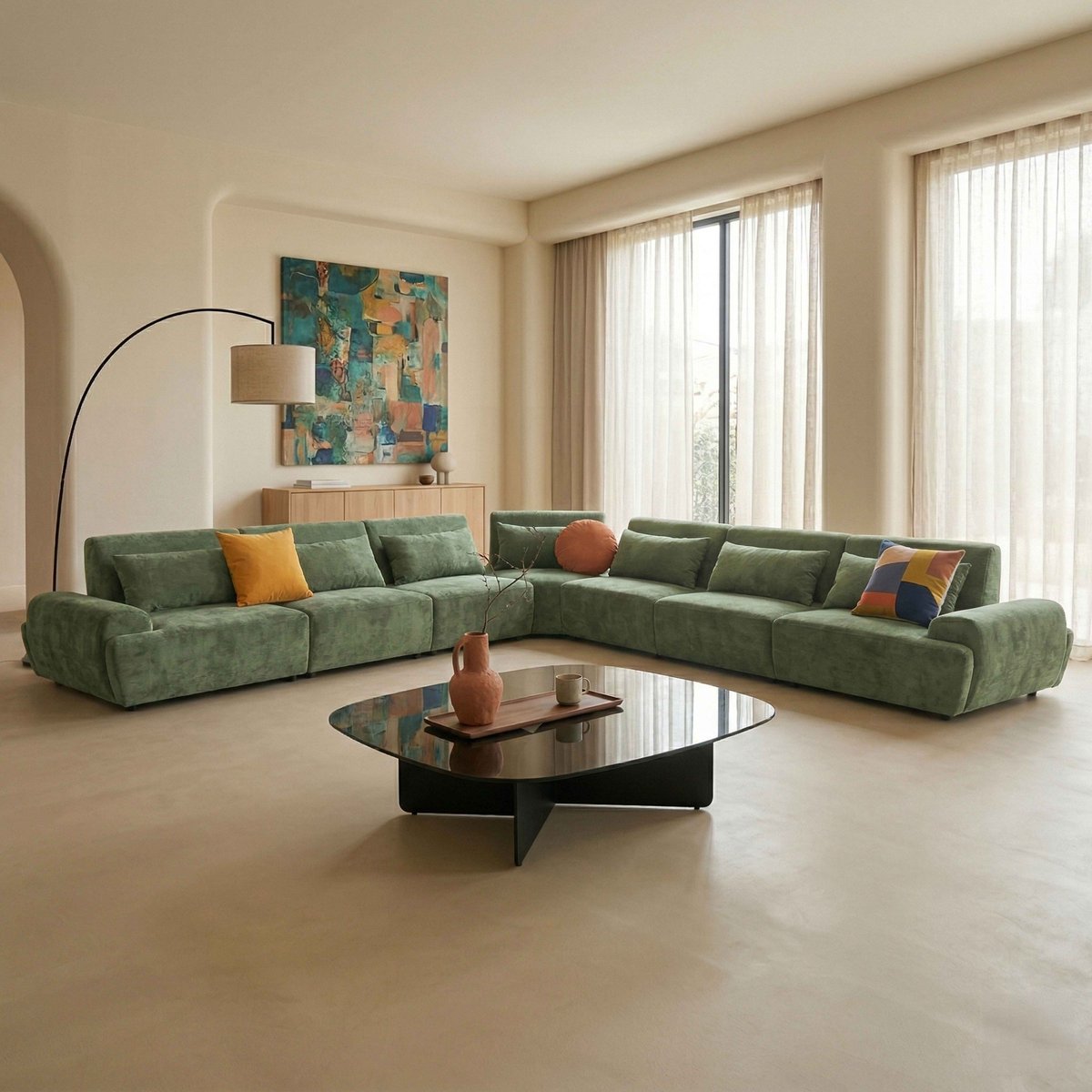 Canapé modulable d'angle 7 places en tissu avec coussins dossier ajustable, CALLISTO vert, OVIALA