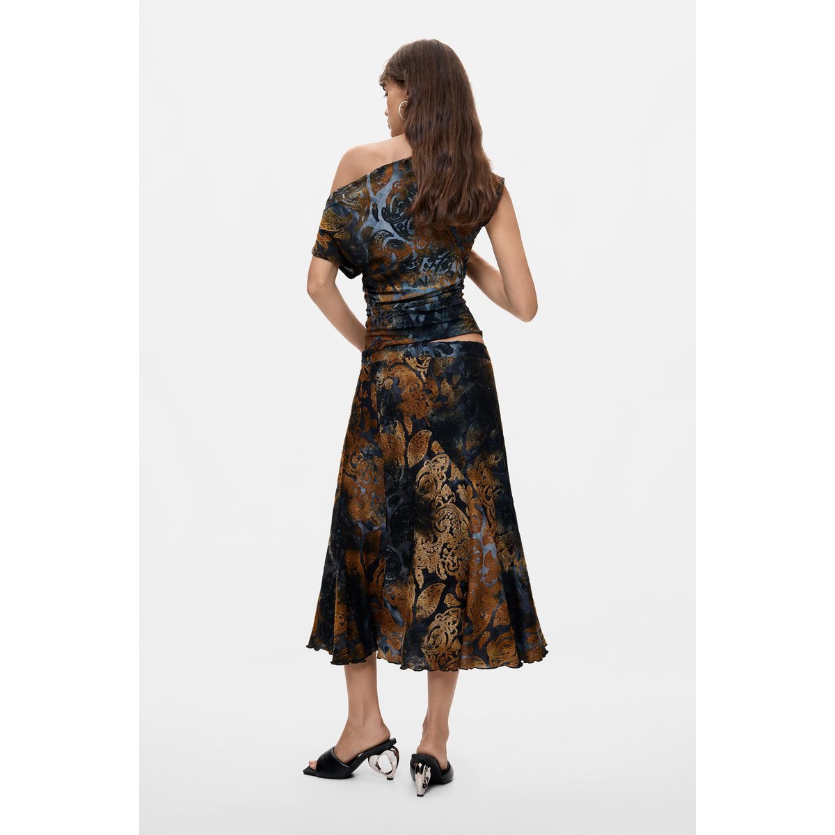 Jupe droite floquée bleu, DESIGUAL