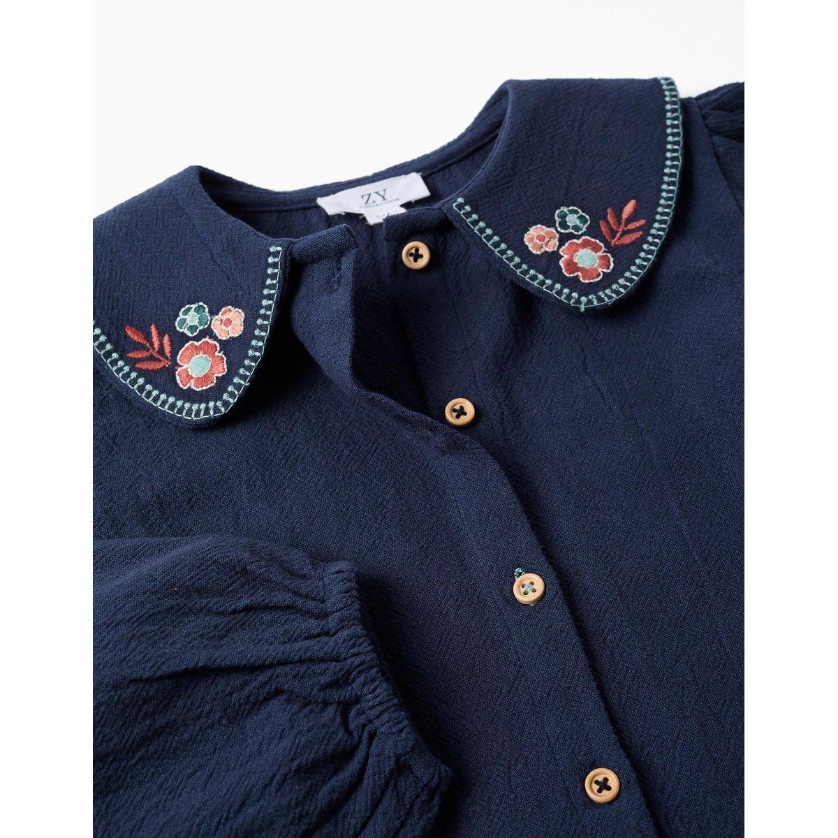Blouse en coton à manches longues avec fleurs brodées bleu foncé, ZIPPY