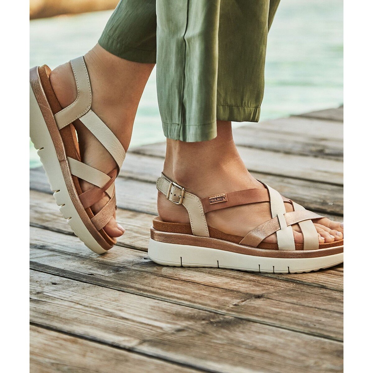 Sandales compensées en cuir Palma blanc, PIKOLINOS