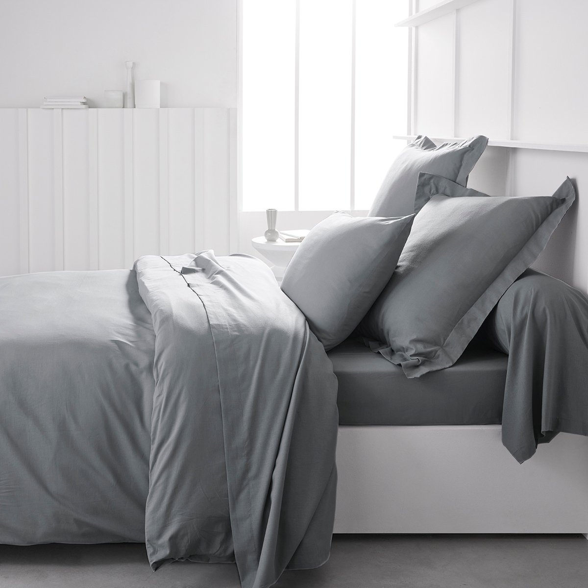 Drap housse 2 personnes uni coton ESSENTIAL gris, TODAY