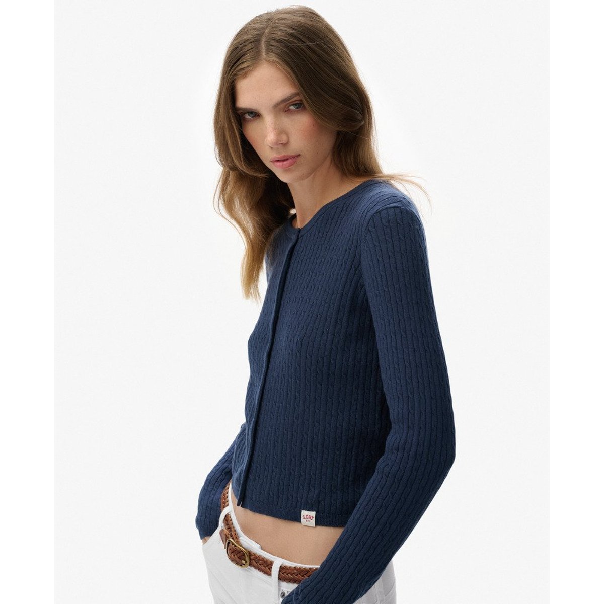 Cardigan à micro-torsades bleu marine profond, SUPERDRY