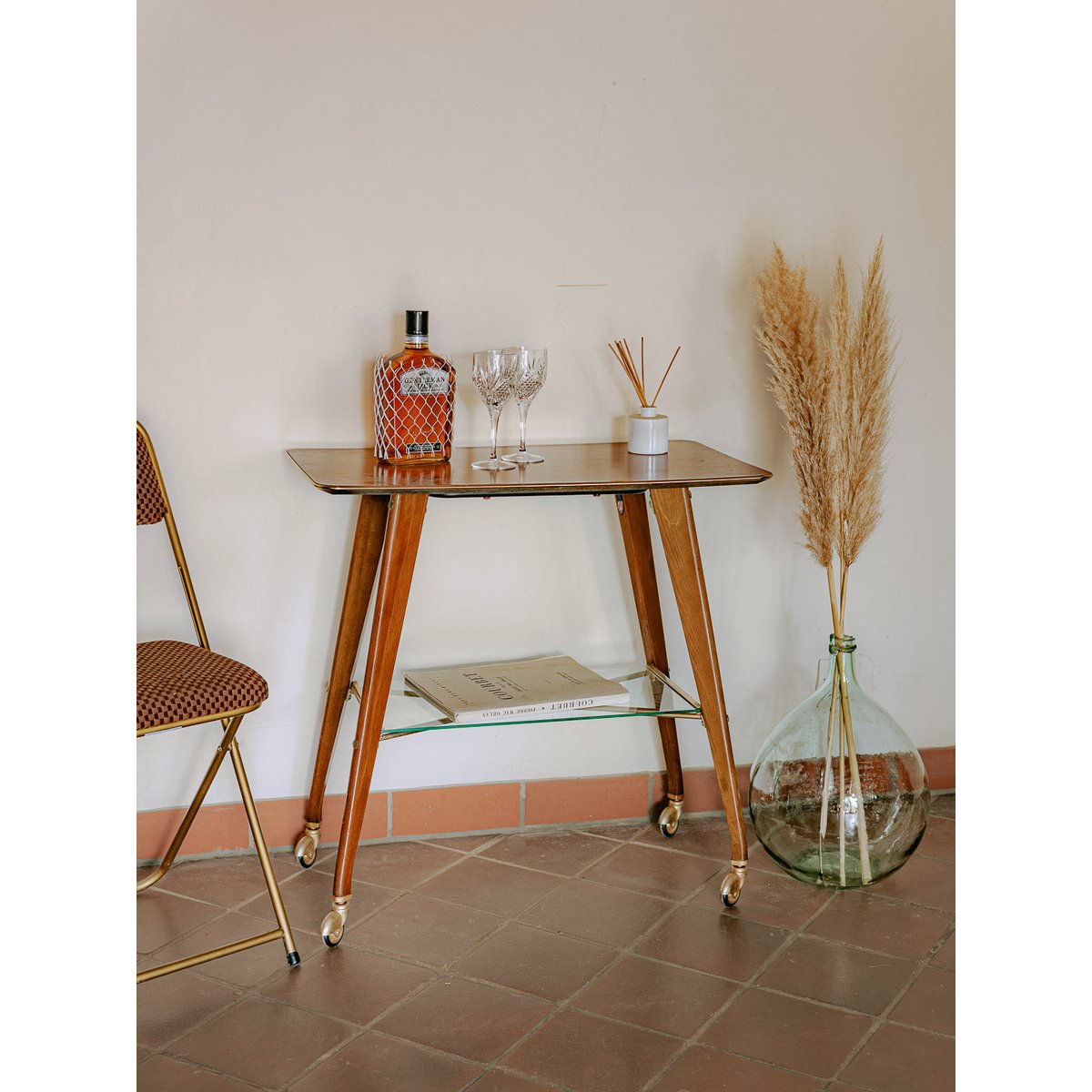 Desserte à roulettes en bois et verre mid-century Anouk N°359 - Bon état bois clair, DEBONGOUT