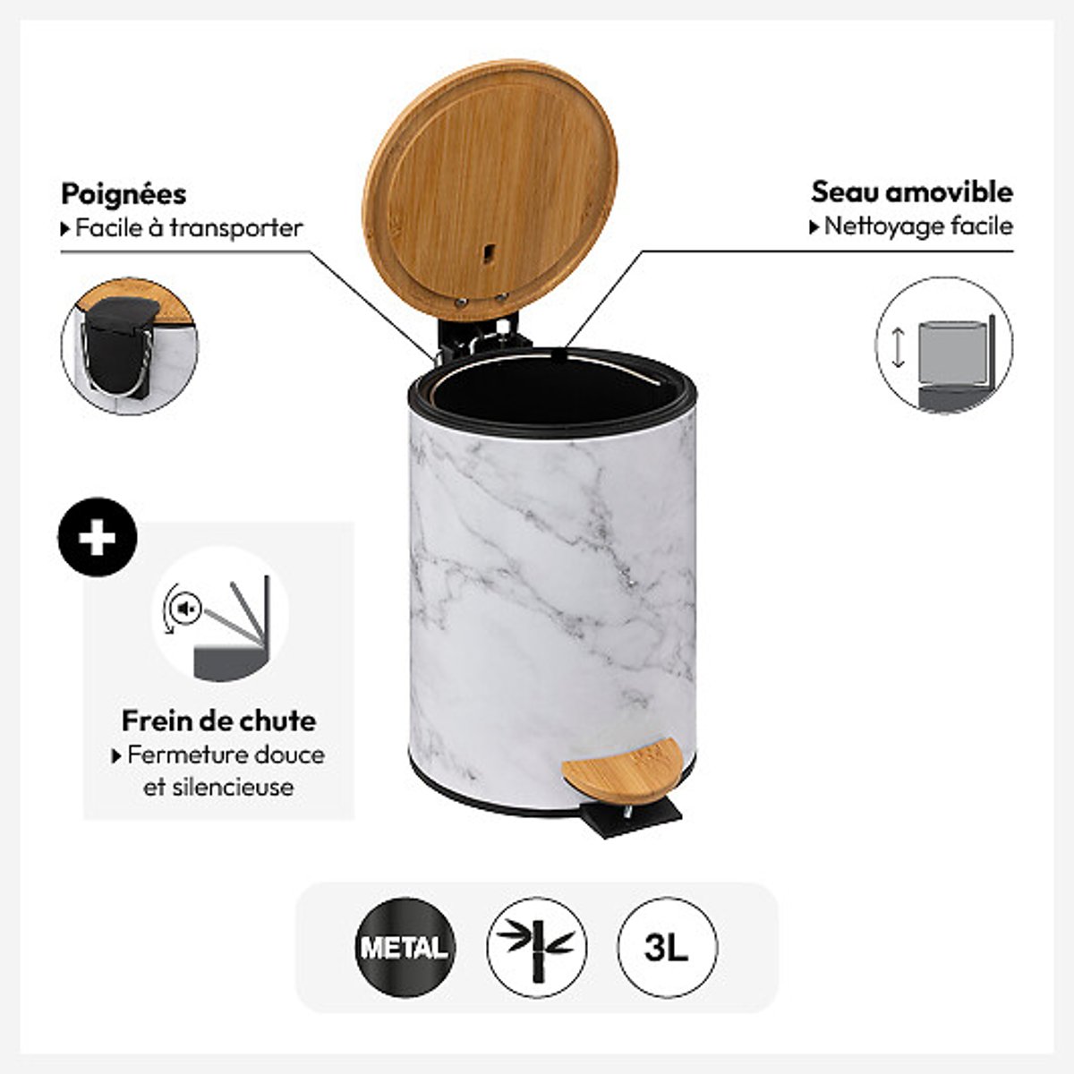 Poubelle salle de bain 3L LEA blanc, 5FIVE SIMPLY SMART