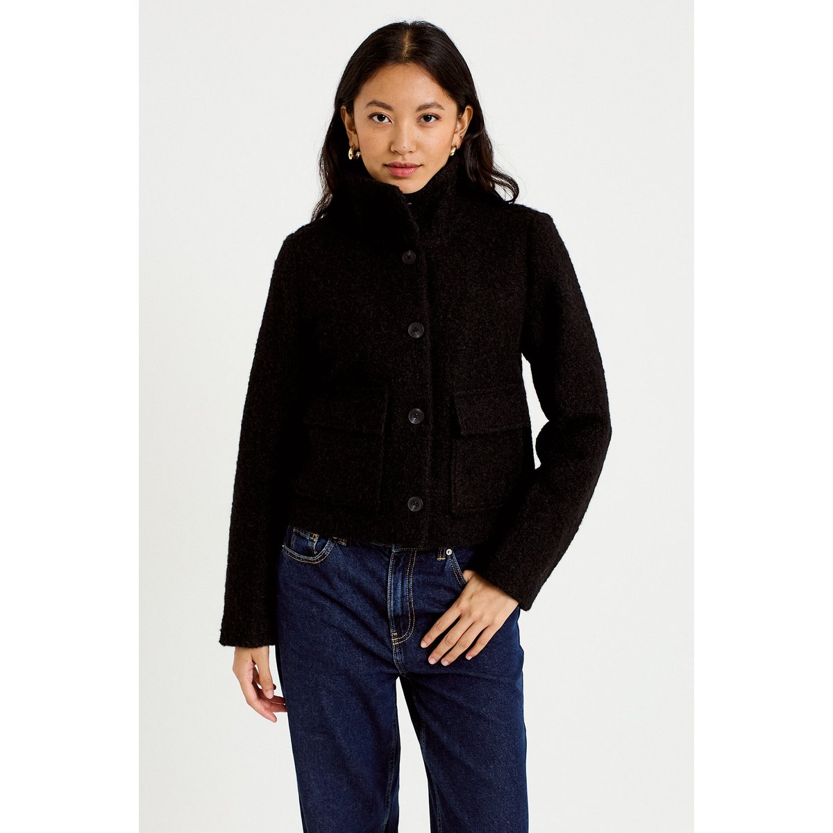 Veste droite bouclette col montant noir, CACHE CACHE