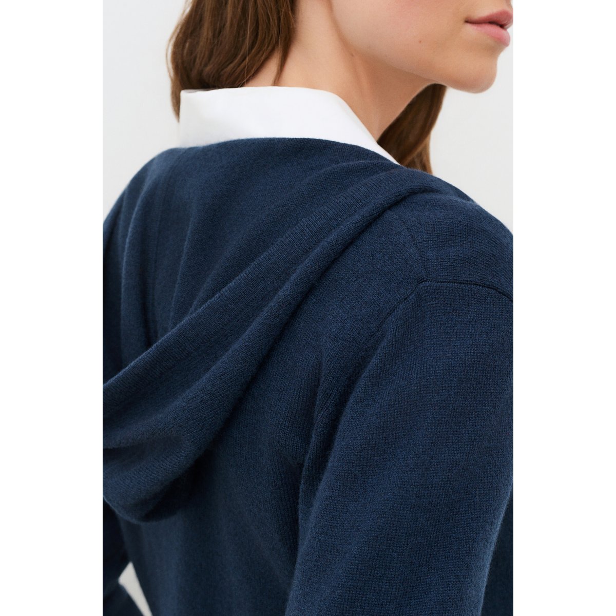 Gilet droit cachemire capuche BASILA bleu marine, CAROLL