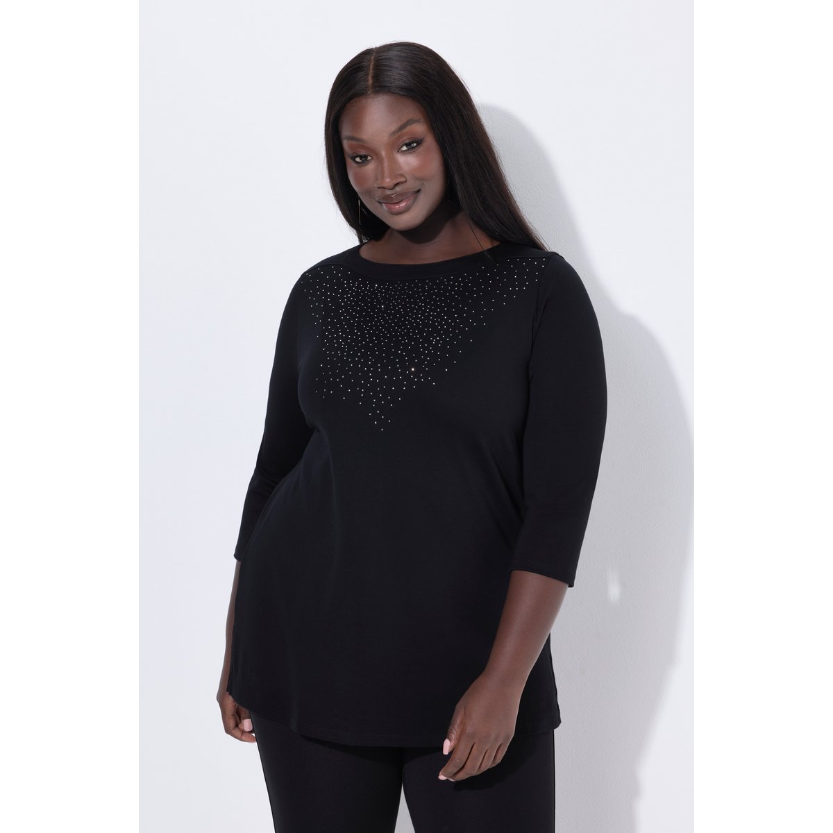 T-shirt en coton Pima. Petits strass. noir, ULLA POPKEN