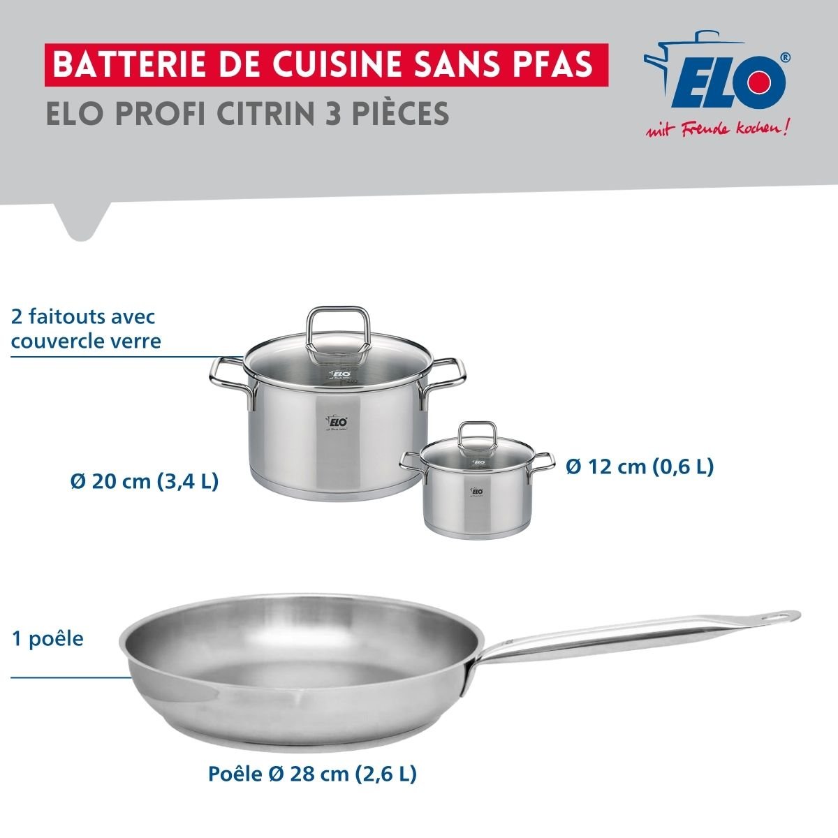 Batterie 1 poêle 28cm + 2 faitouts 12/20cm PROFI CITRIN inox, ELO