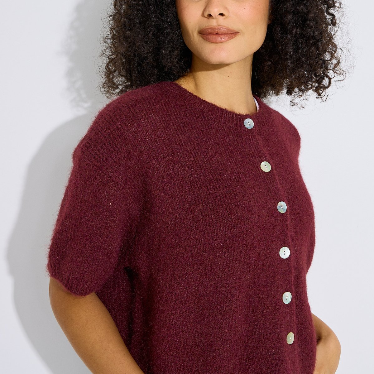Gilet boutonné manches courtes rose violet, GRAIN DE MALICE
