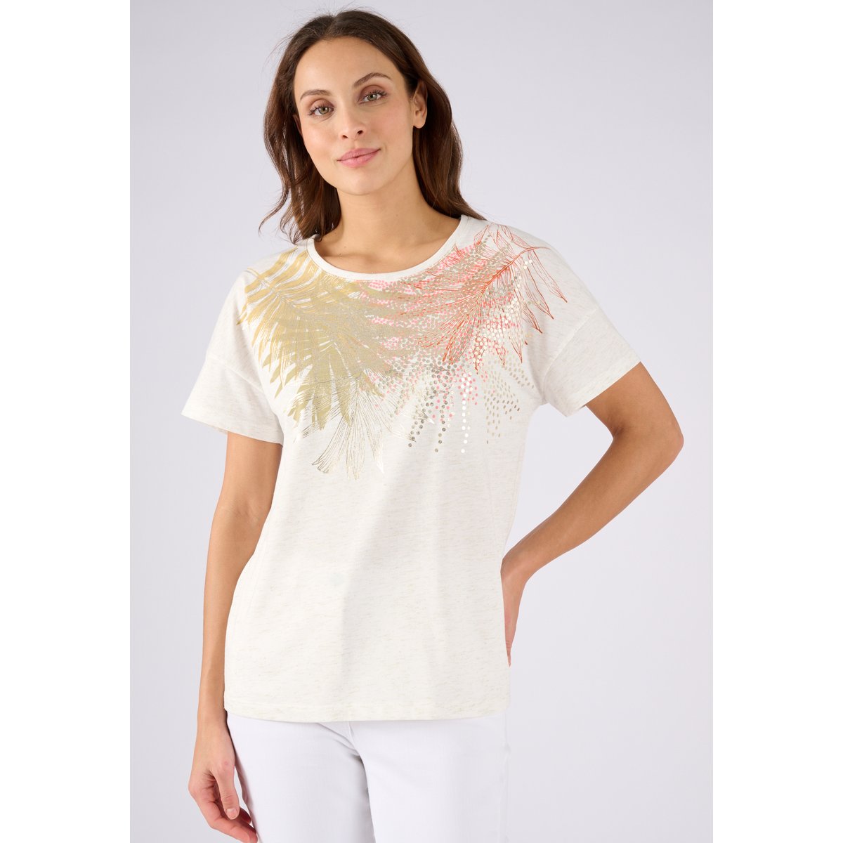 T-shirt motif placé fil brillant marron ivoire, DAMART
