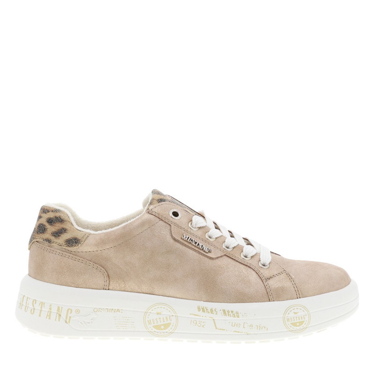 Sneakers sable à talon plat avec des motifs imprimés sur la semelle beige, MUSTANG