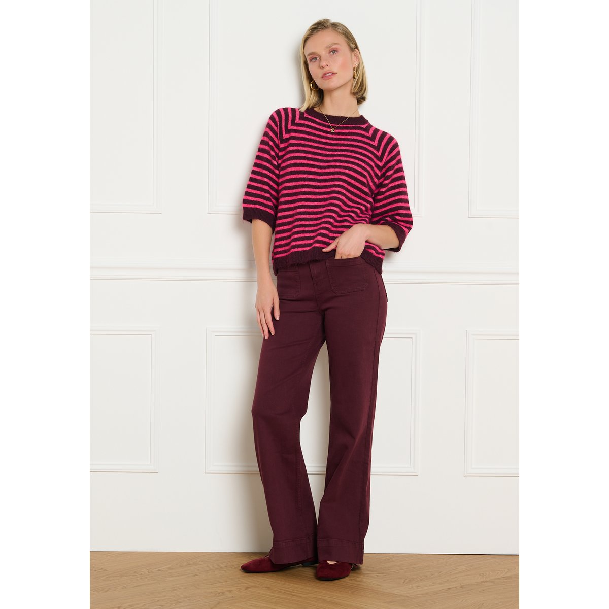 Pull rayé manches courtes aubergine, LOLALIZA