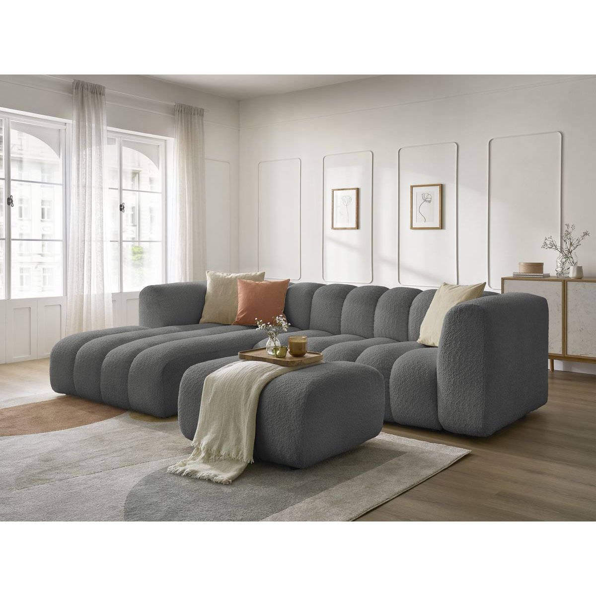 Canapé d'angle fixe 4 places en tissu bouclette avec pouf, TALIA gris foncé, BOBOCHIC