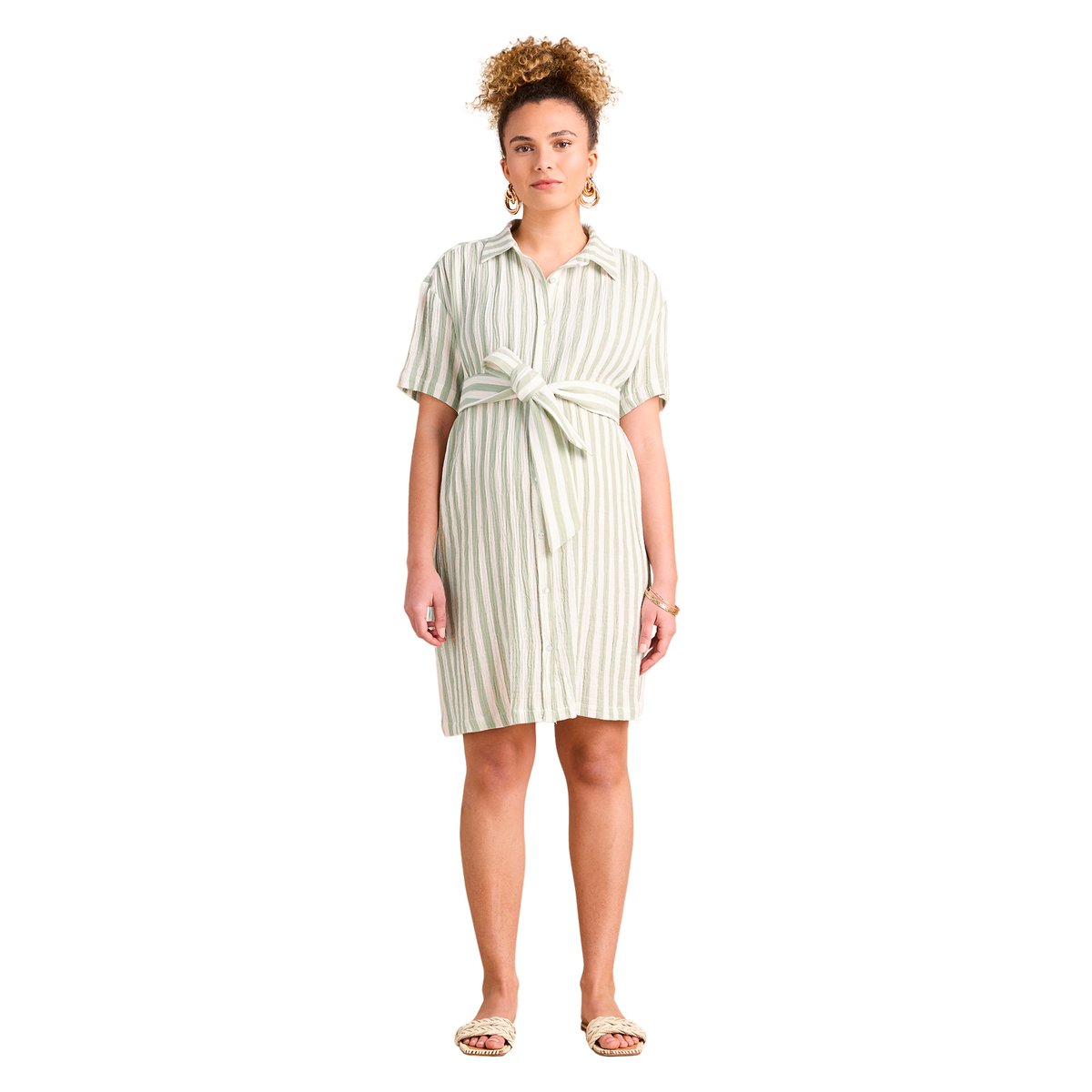 Robe chemise à larges rayures grossesse et allaitement en gaze de coton vert sauge, ENVIE DE FRAISE