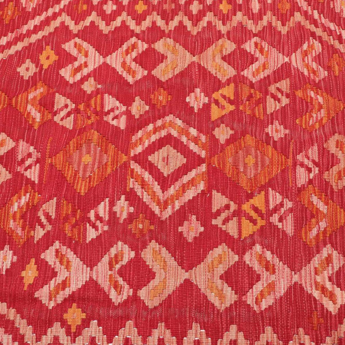 Tapis d'orient ethnique, tissé plat artisanal en laine, KILIM 17 rouge, orange, rose, UN AMOUR DE TAPIS