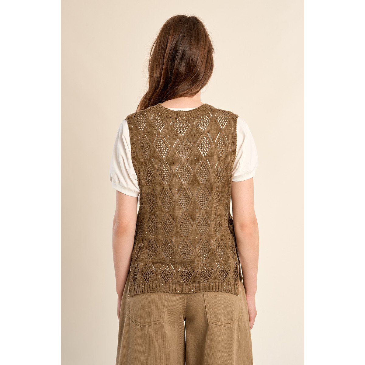 Maille sans manches, ajourée et nouable sur les côtés camel, MOLLY BRACKEN
