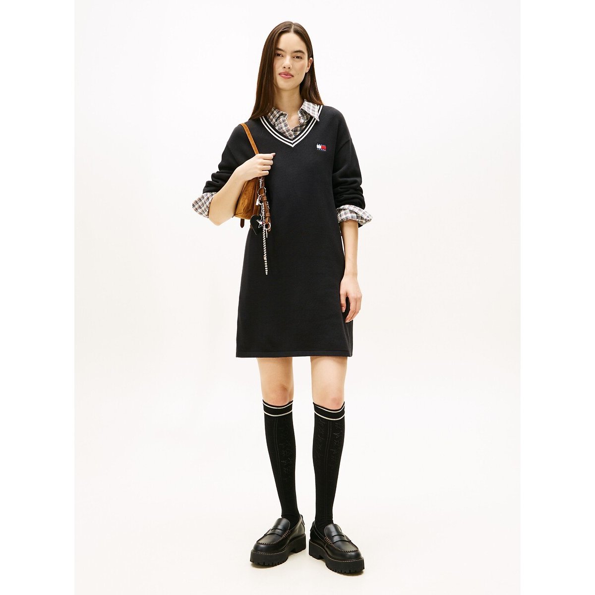 Robe pull, col V, manches longues noir, TOMMY JEANS