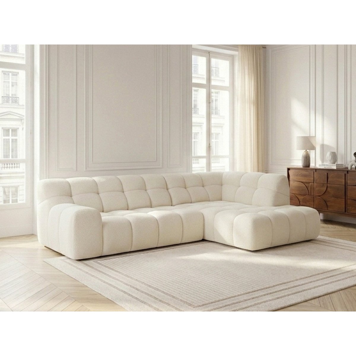 Canapé d'angle convertible 4 places en tissu chenille, ANDRE blanc, BOBOCHIC