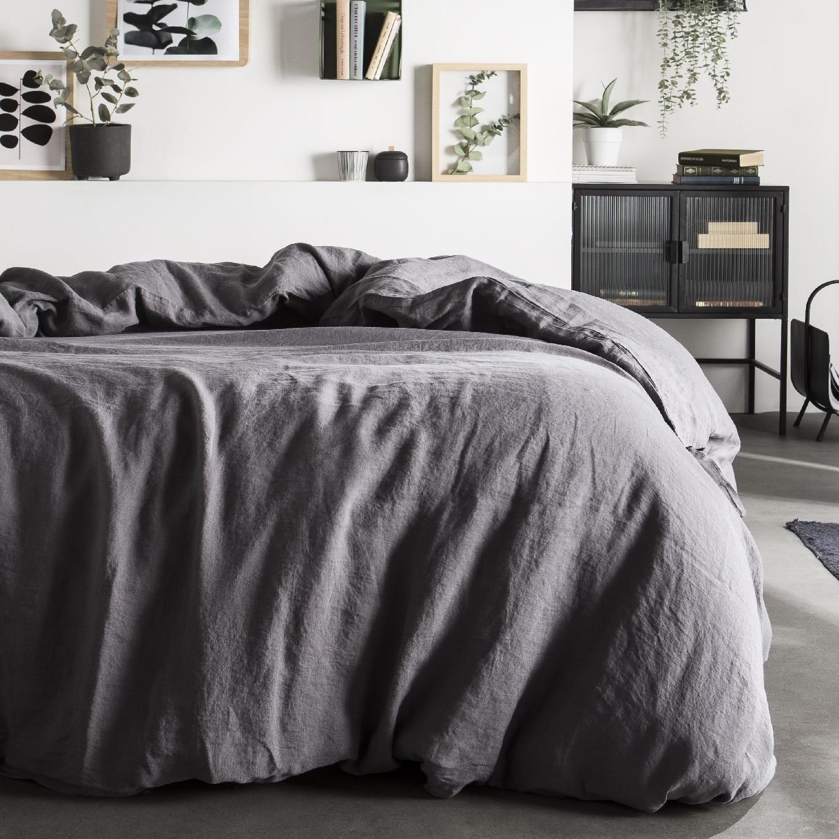 Housse de couette Lin lavé 2 personnes uni NAGHADA gris anthracite, TODAY