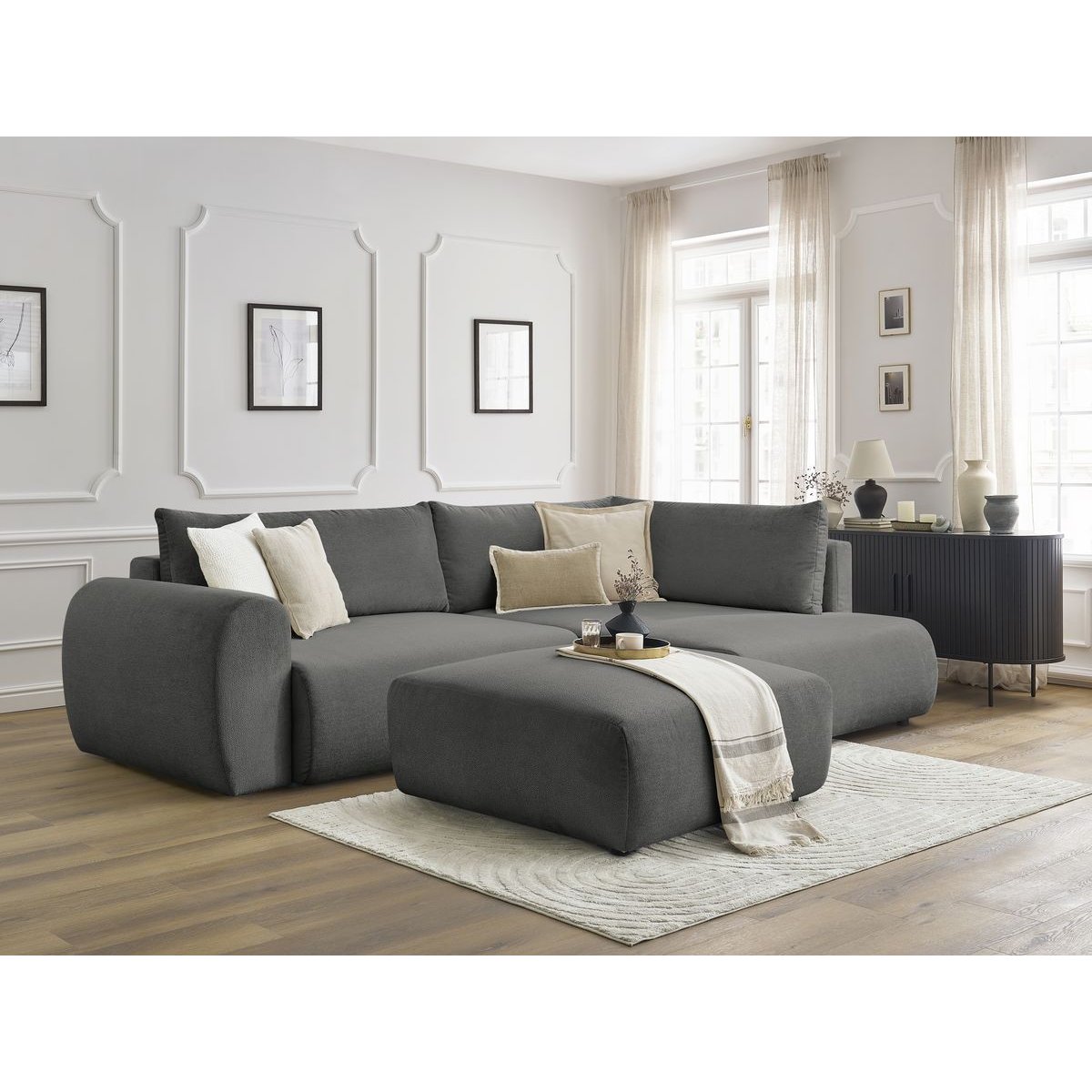 Canapé d'angle convertible 4 places en tissu lisse avec pouf, LUCIEN gris foncé, BOBOCHIC