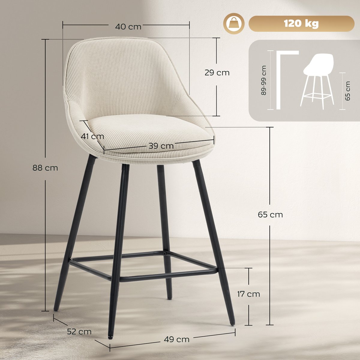 Tabouret de bar Velours côtelé Crème crème, HOMCOM