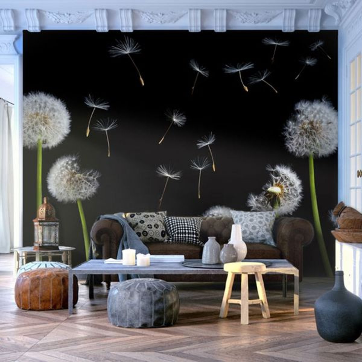 Papier peint intissé panoramique Fleurs Pissenlits au vent noir, EDEN