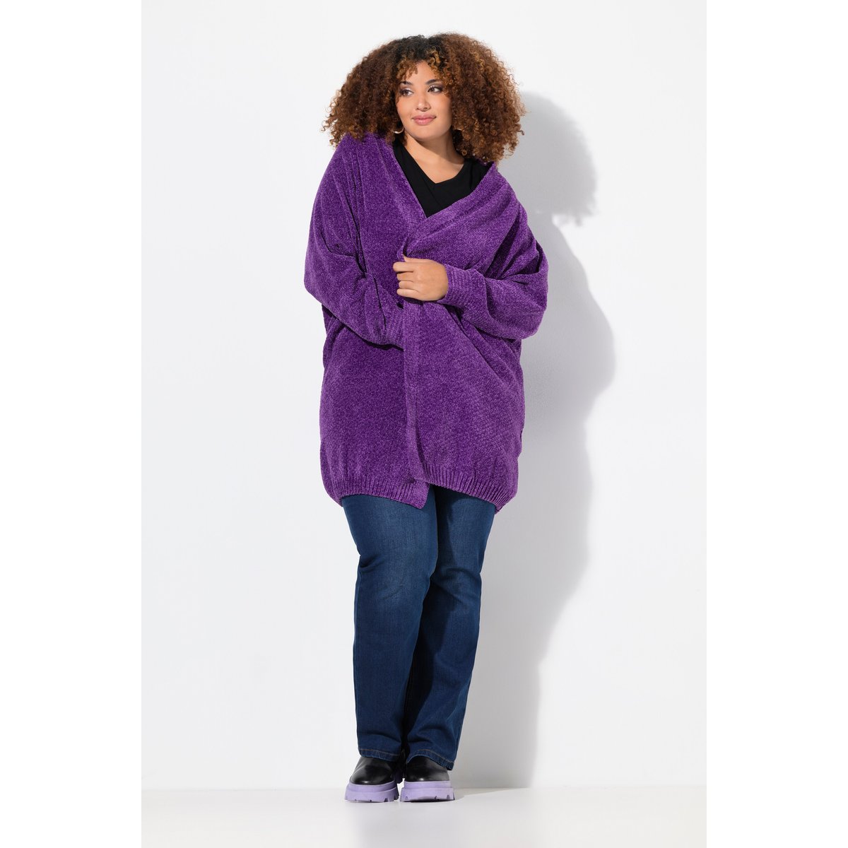 Cardigan oversize en maille de fil chenille violet foncé, ULLA POPKEN