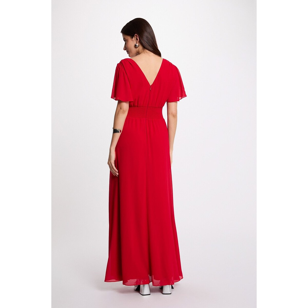 Robe longue manches courtes col V rouge, MORGAN