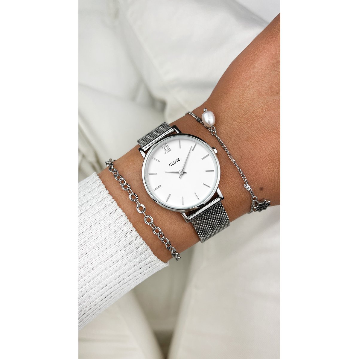 Montre Analogique  MINUIT argenté blanc argenté, CLUSE