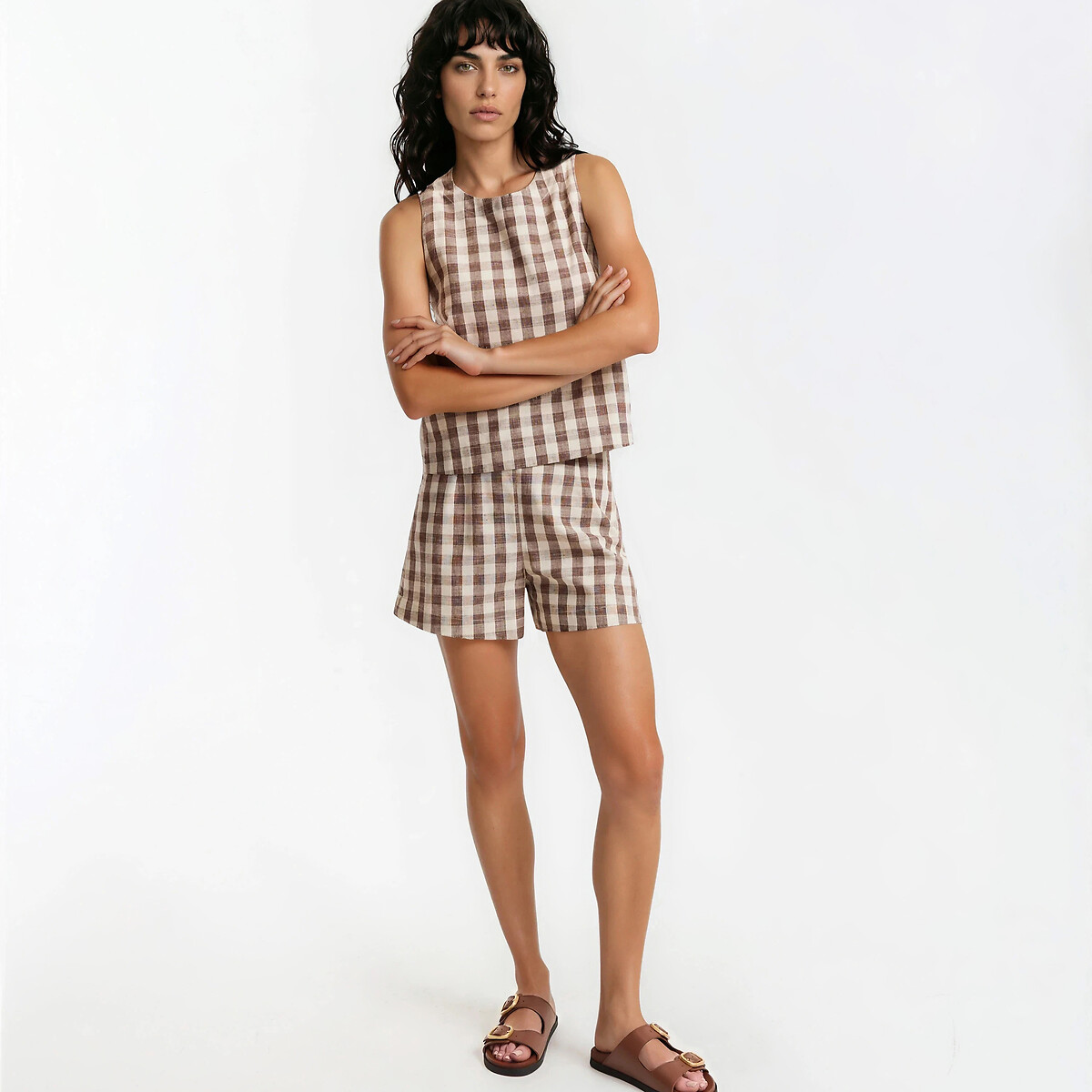Short imprimé vichy en coton et lin vichy marron, LA REDOUTE COLLECTIONS