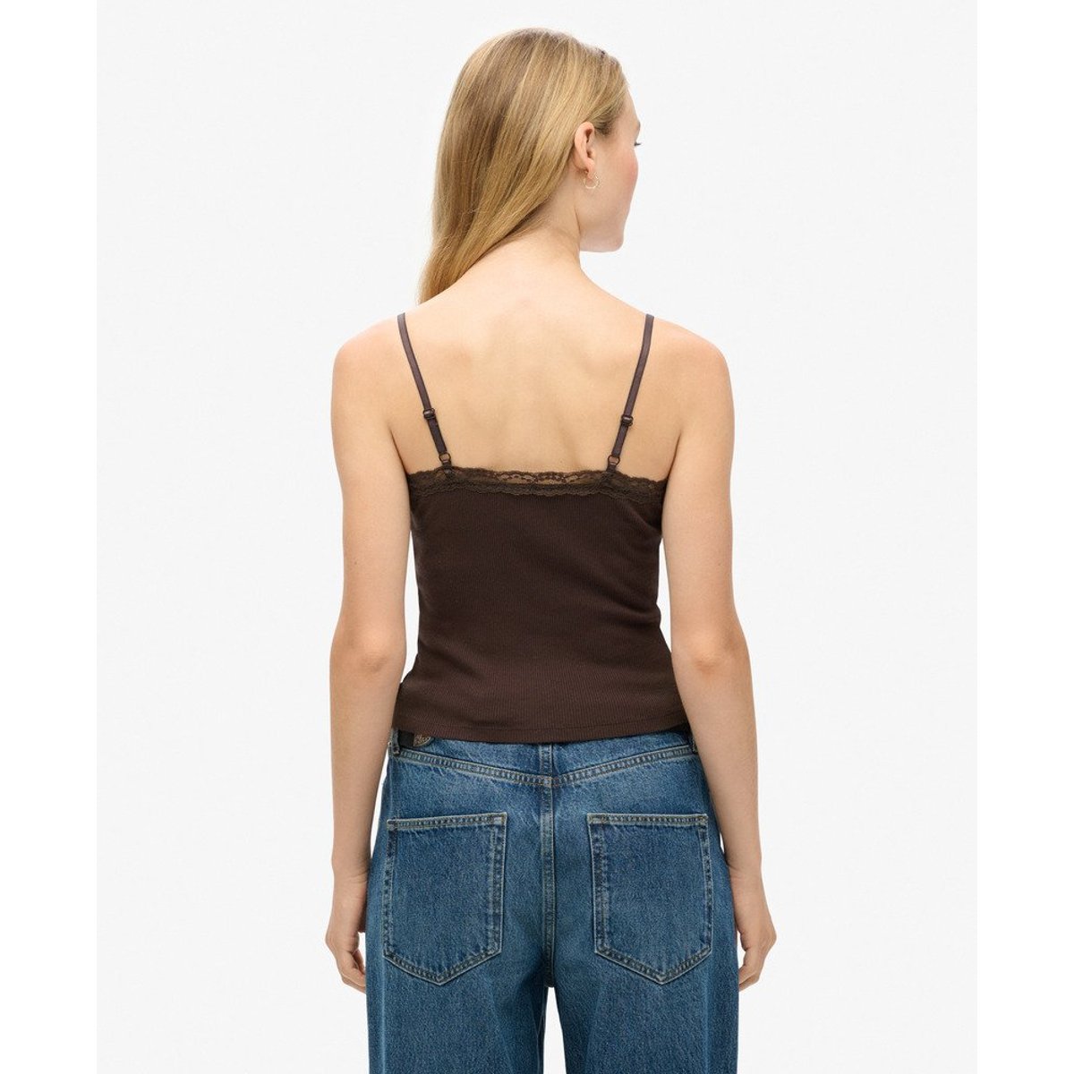 Athletic Essential Lace Trim Cami Top marron foncé, SUPERDRY