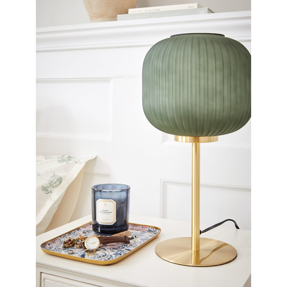 Lampe métal et verre strié vert moyen uni, CYRILLUS