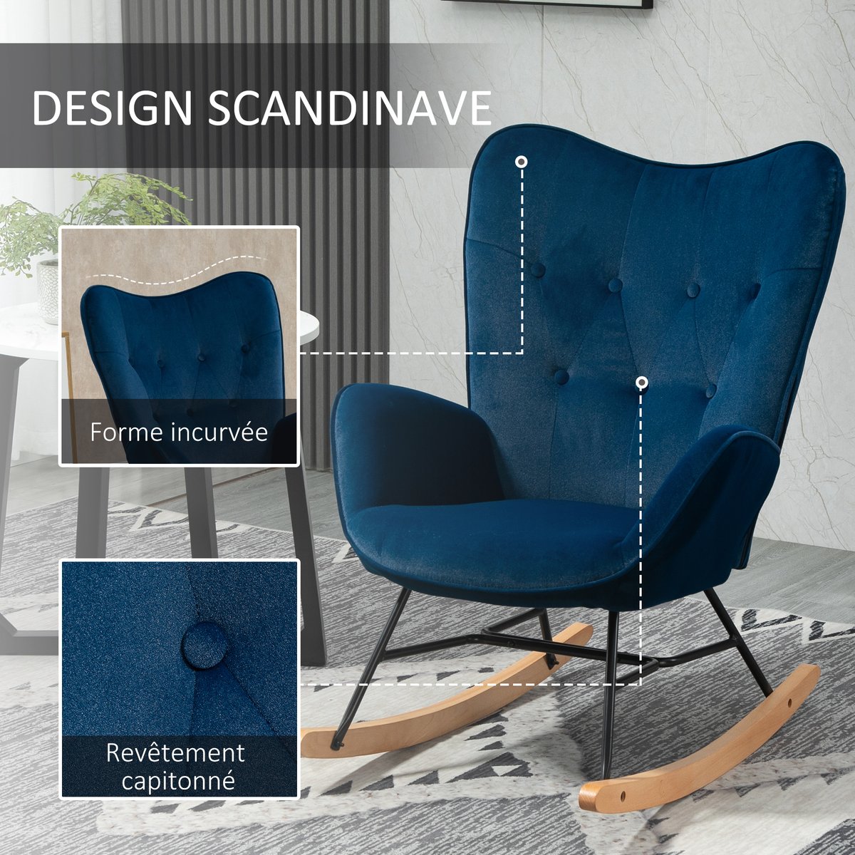 Fauteuil à bascule Velours (100% polyester) bleu, bois clair, noir, HOMCOM