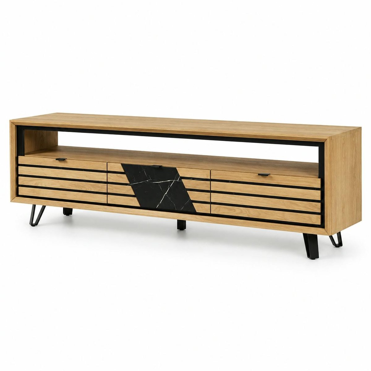 Meuble TV 3 tiroirs chêne blanc décor graphique ESSEN chêne blanc, PIER IMPORT